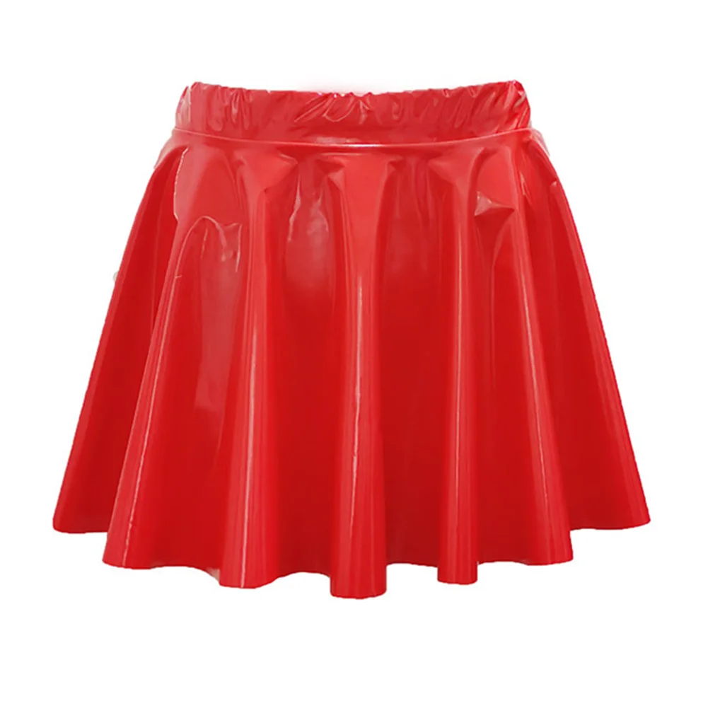 Womens Shiny PVC  Patent Leather Skirt Sexy Wet Look Leather Pleated Skirt Front Bodycon Elastic Latex Mini Short Skirt