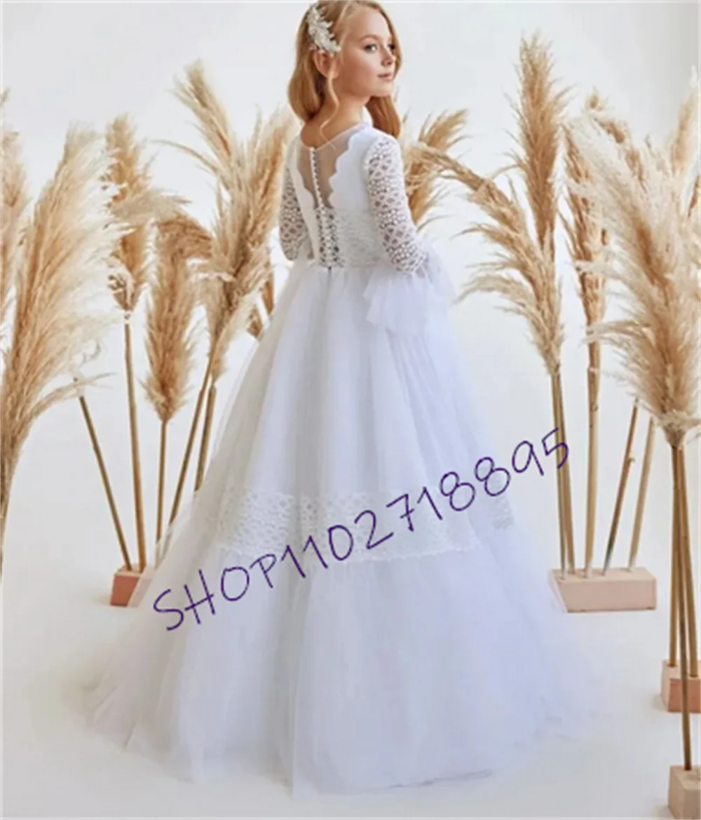 New Pure White Flower Girl Dress for Wedding with Long Sleeve O Neck Princess A-Line First Communion Gown