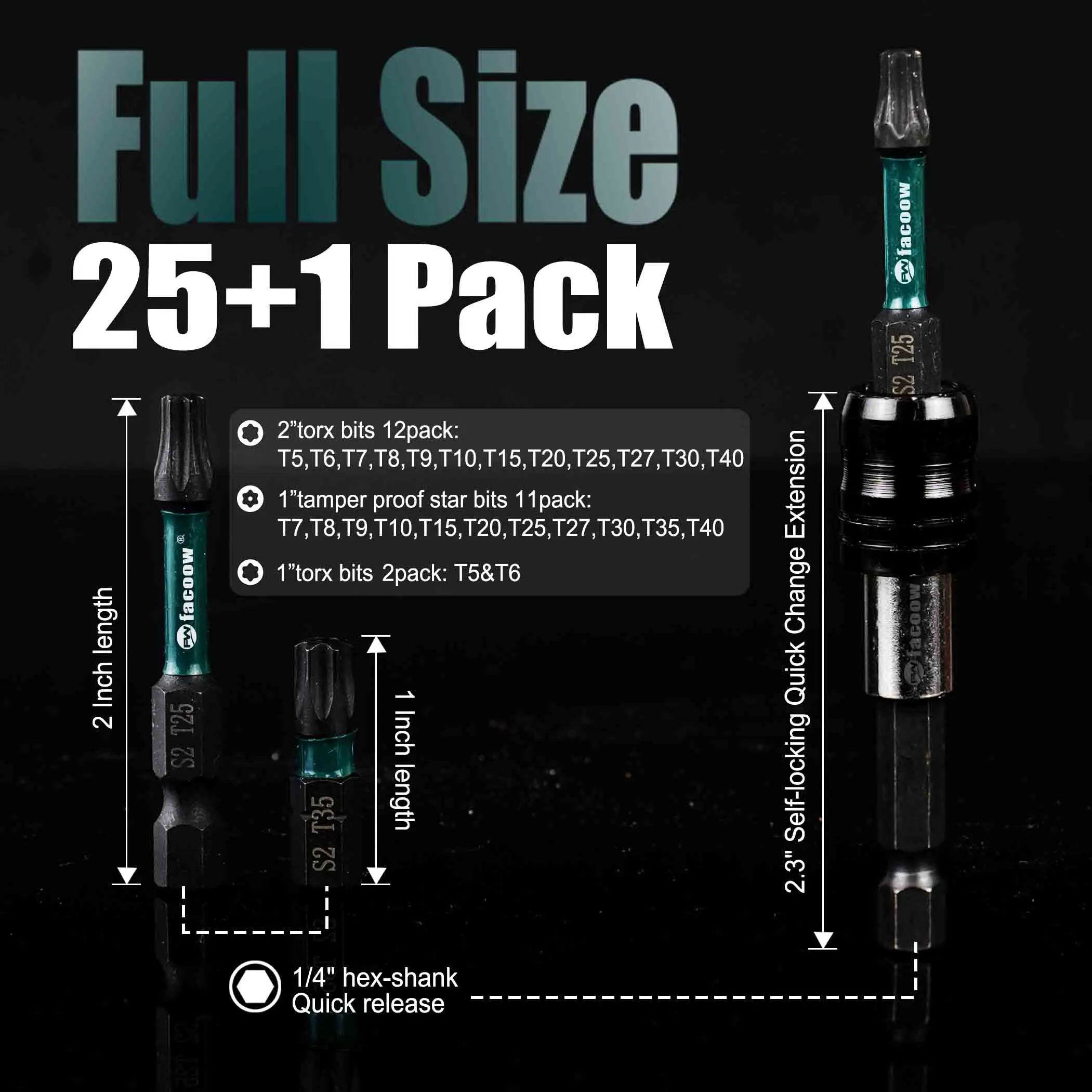 مجموعة لقم توركس مكونة من 26 قطعة (T5-T40) مع أطراف مغناطيسية، مجموعة لقم عزم دوران طويلة مقاس 1 بوصة و2 بوصة وتمديد سريع القفل ذاتي التغيير #2