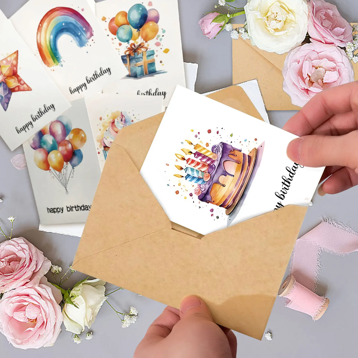 Handmade Watercolor Birthday Card Greeting Card with Envelope - Hand-Painted Art for Sending Birthday Wishes Party Gift
