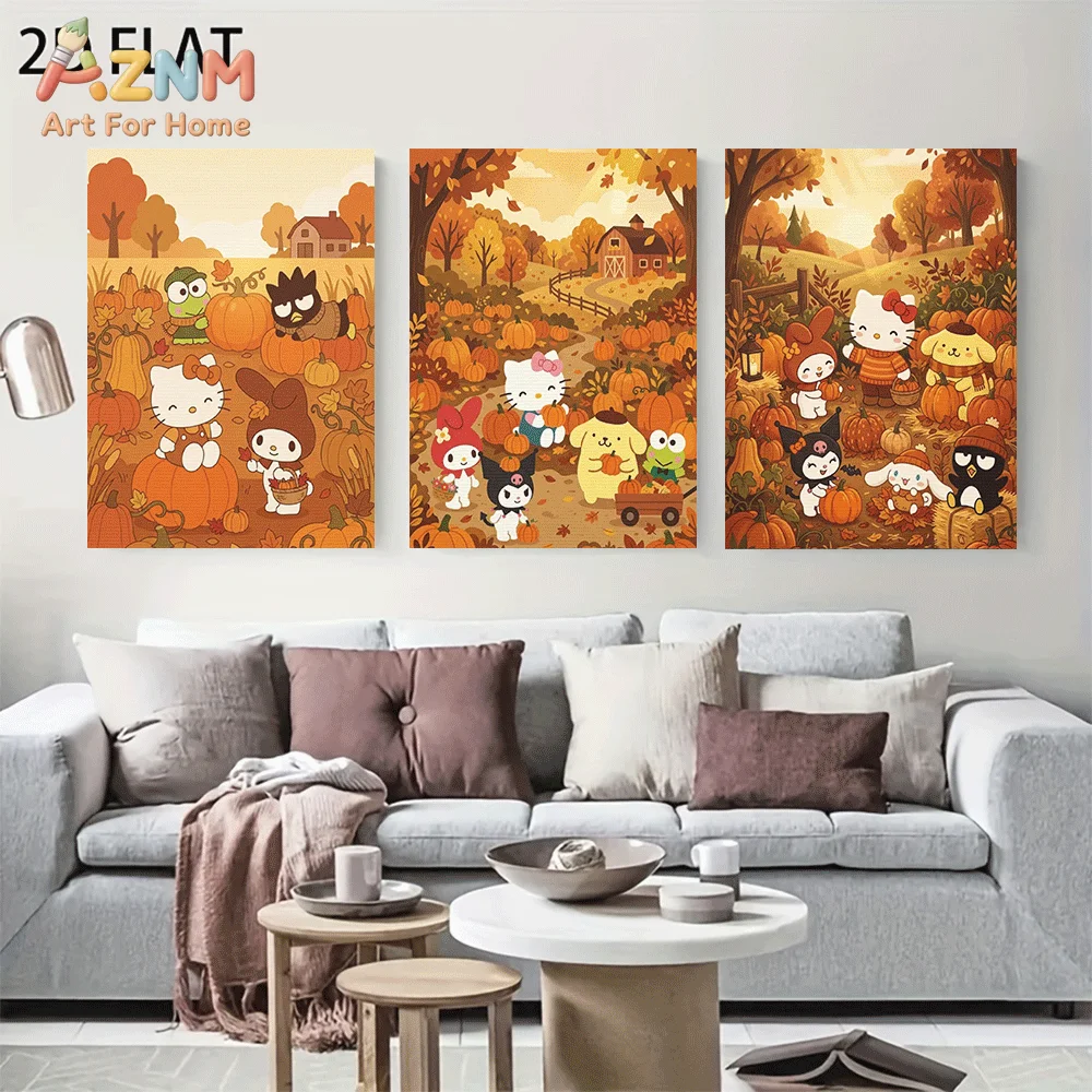 AZNM Sanrio Hello Kitty Friends Pumpkin Patch Canvas Wall Art Unframed Cute Cartoon Autumn Farm Harvest Fall Maple Leaves Scener