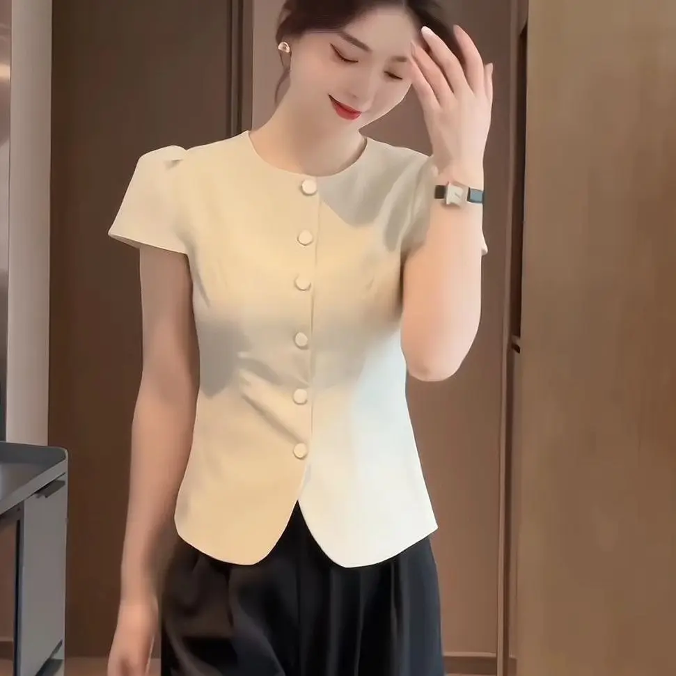 Fashion Retro French Temperament Shirt for Women in Summer New Slim and Fashionable Solid Color Versatile Casual Top