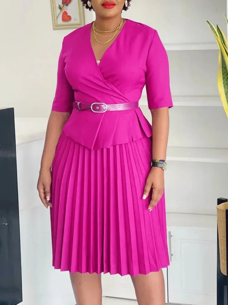 Afrikaanse Jurken Voor Vrouwen Mode Afrikaanse Halve Mouw V-Hals Polyester Plooi Midi Jurk Dashiki Afrikaanse Kleding Vrouwen Outfits
