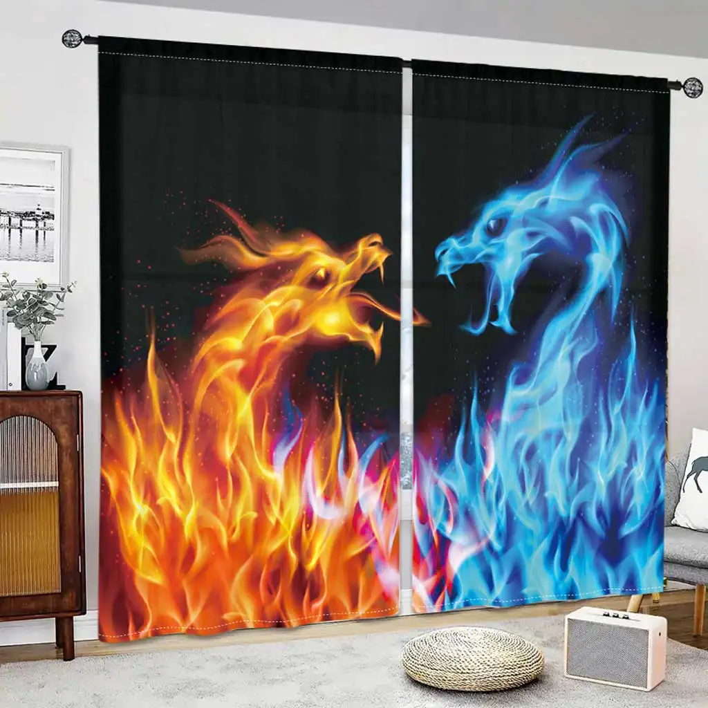 Fire Dragon Curtain for Study Room, Kitchen, Living Room, Dorm Rod Pocket Window Drapes, Bedroom Accessories, Home Decor, 2Pcs