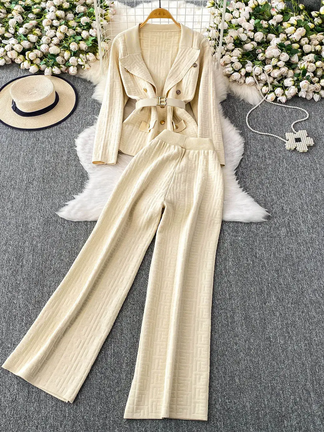 Modny dzianinowy komplet z wzorem labiryntu, dopasowany do talii, żakiet z długimi spodniami z wysokim stanem dla kobiet, idealny na jesień i czas wolny.