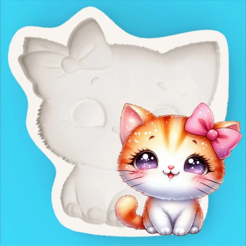 Cute Bow-Knot Kitten-Shaped Mold Cartoon Chocolate Fondant Making Silicone Mold