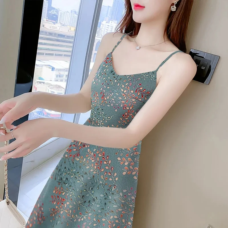 Summer Mid-length Elegant Suspender Dress 2022 New Women's Print Casual Suspender Sleeveless Dottoming Slim Female A-line Skirt