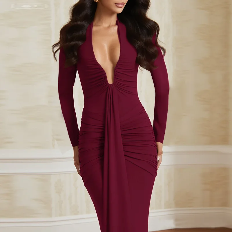 

New Deep Dress Dress Sexy U-neck Slim Fit Sexy Long-sleeved Dress Women