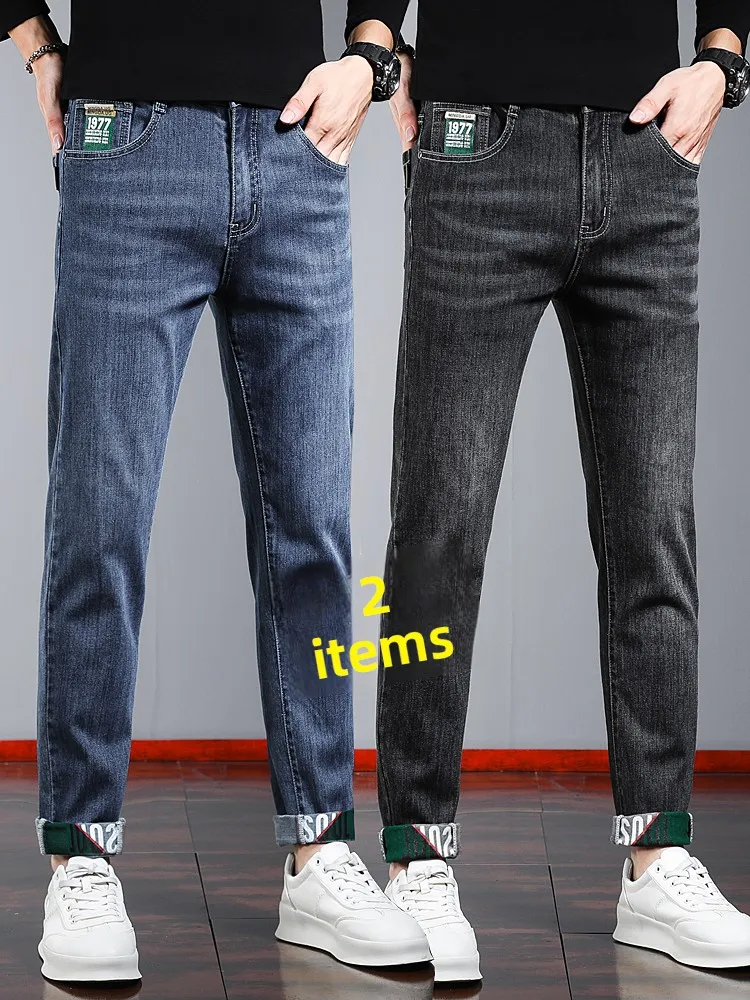 

Мужские джинсы Slim Fit, весна-осень, эластичные, винтажные, длинные брюки, молодежные, модные, из хлопка, полиэстера, спандекса, износостойкие