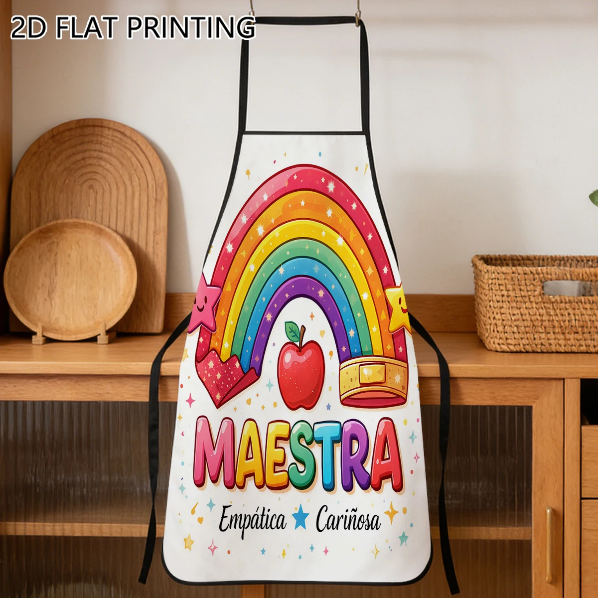 1pc Rainbow Apple Maestra Quote Pattern Apron For Teacher Home Kitchen Decor