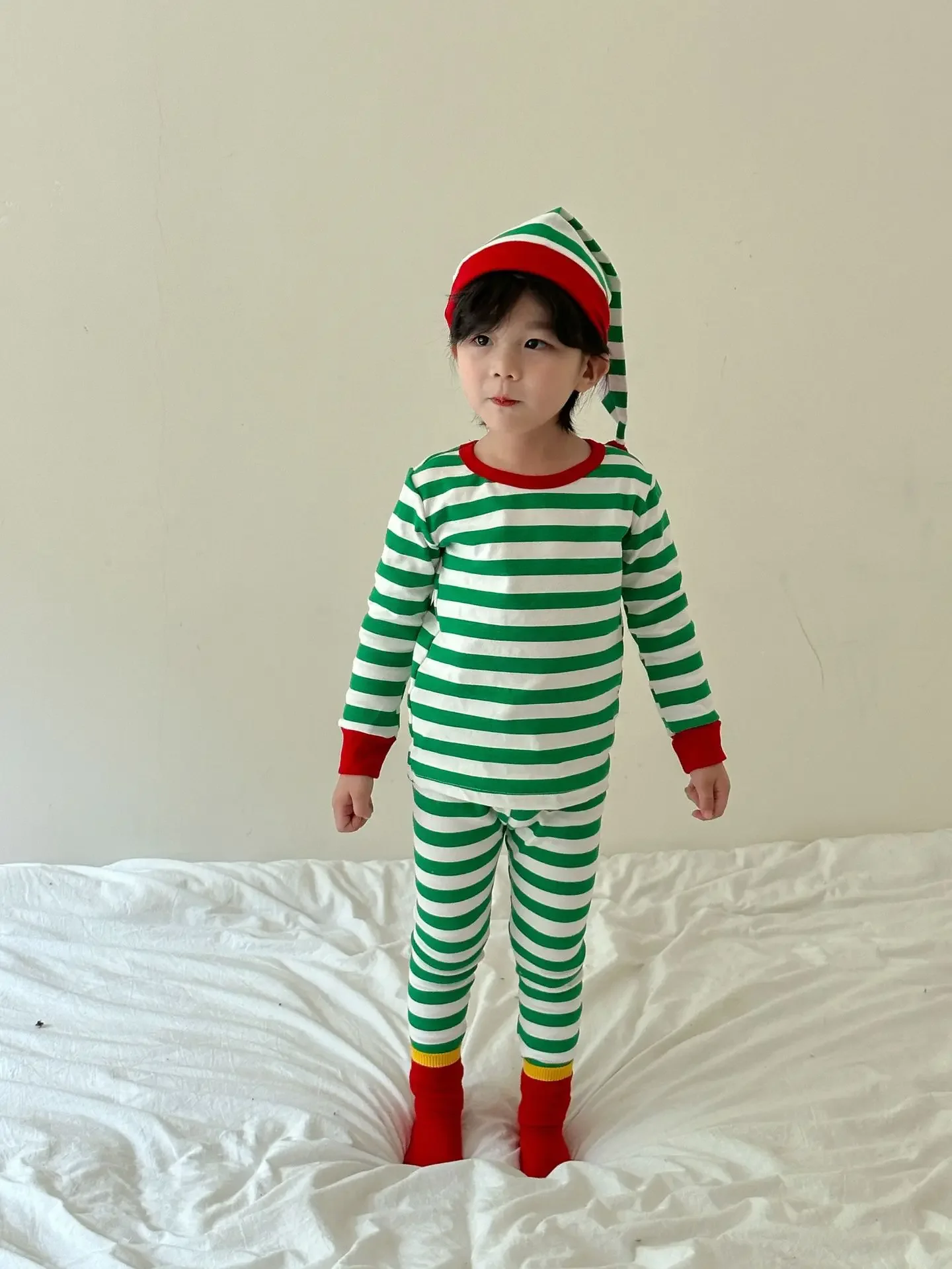 Children Clothing Striped Pajamas Pants and Hat Suit 2024 Autumn Winter New Boys Girls Cotton Homewear Christmas Three Piece Set