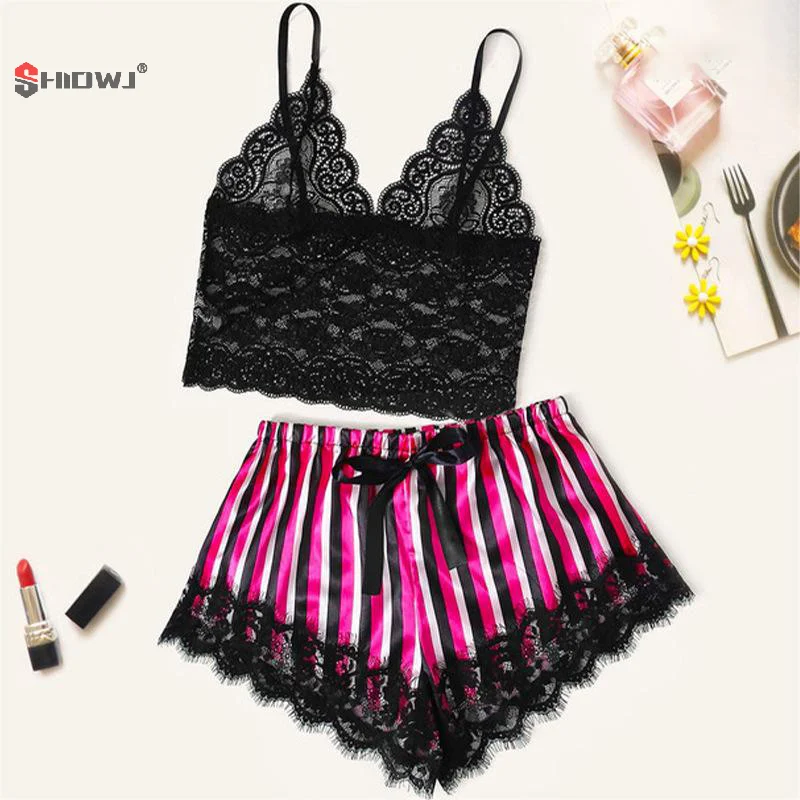 Two Pieces Set Women Pajamas V-Neck Sexy Lace Patchwork Suspender Shorts Satin Sleepwear Sleeveless Nightwear Suits