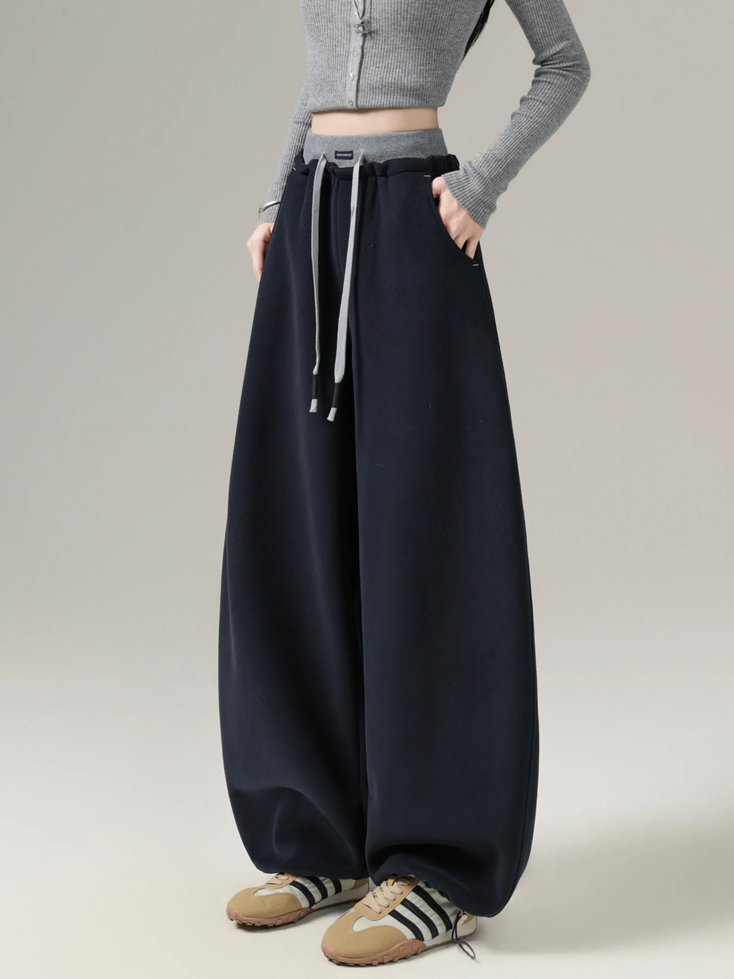 

High Waist Wide Leg Pants Women's Winter Thiened Fce Casual Sweatpants American Sports Bend Knife Pants Floor-Length