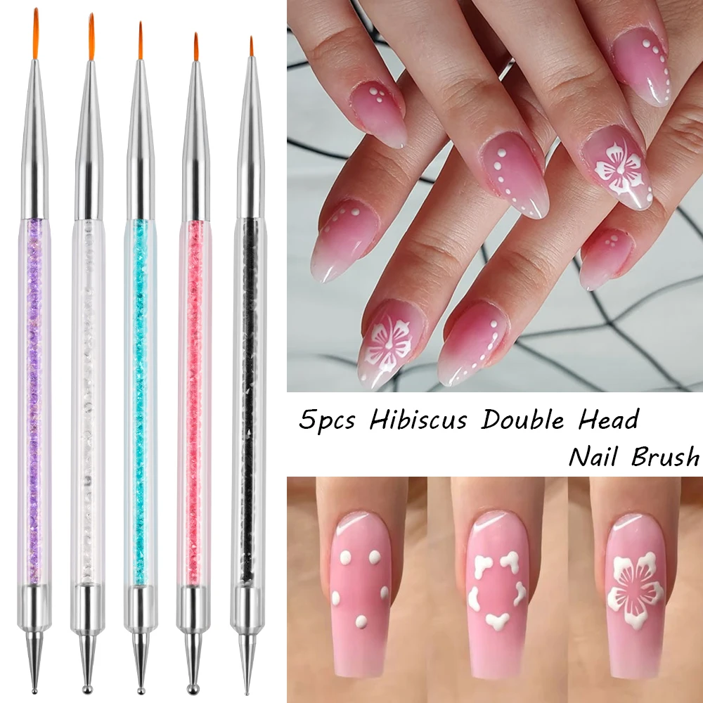 5pcs 2in1 Hibiscus Flowers Dotting&Thread Drawing Nail Art Brushes Professional Double-end UV Gel Painting Pen Kit DIY Draw Tool
