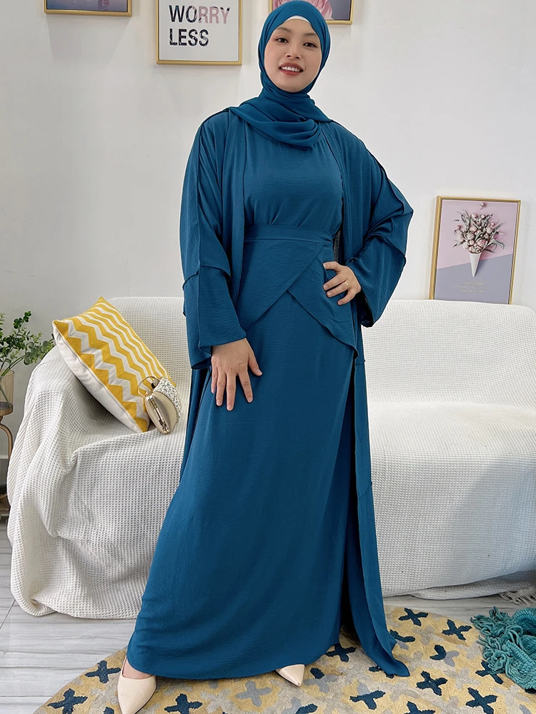 Imagem -03 - Eid Marrocos Muçulmano Vestido Feminino Abaya Peça Conjunto Kaftans Vestidos de Noite Mulher Dubai Turquia Islam Vestido Longo Robe Femme Vestidos