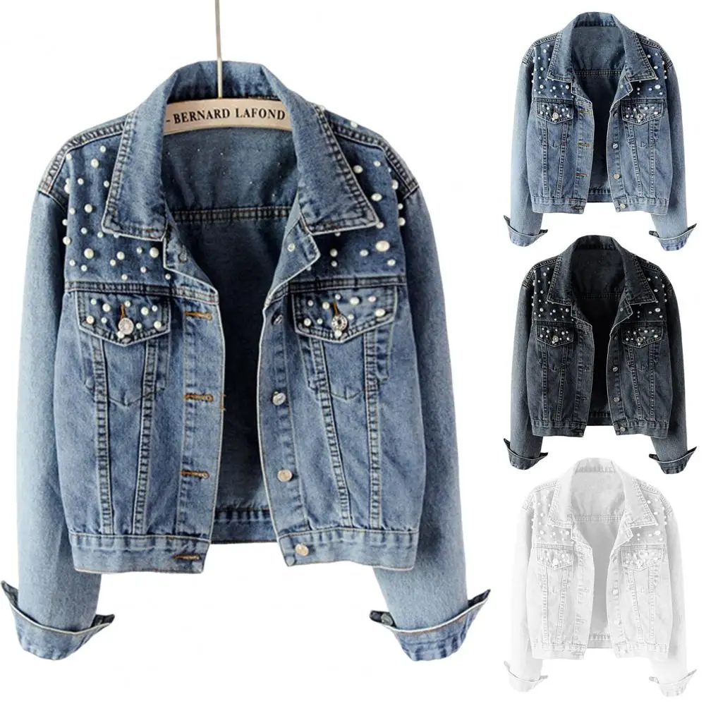 Women Denim Jacket Breathable Keep Warm Beads Decor Long Sleeves Cardigan Imitation Pearl Autumn Coat Female Clothes 여성용 외투