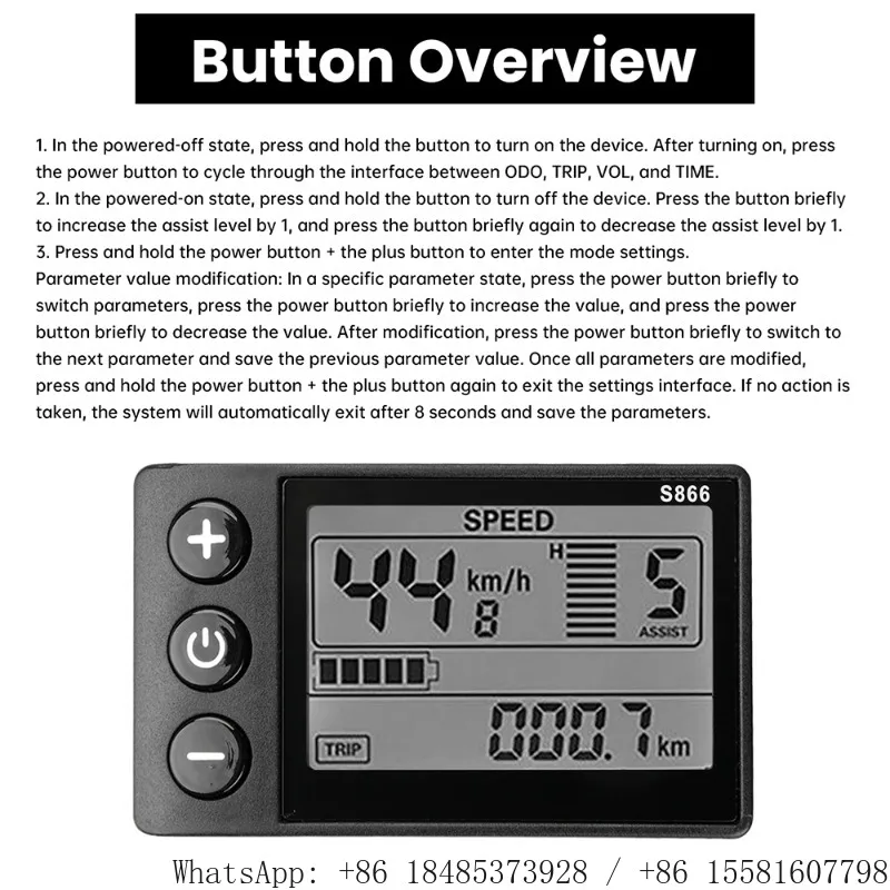 S866 LCD Display Speedometer Odometer 24V 36V 48V Electric Bike Control Panel Dashboard with Plug for Electric Scooter E-Bike