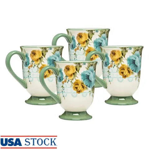 Floral Stoneware Latte Mug Set 18oz Four Pieces Microwave Safe Elegant Design Perfect Coffee Tea Home Entertaining
