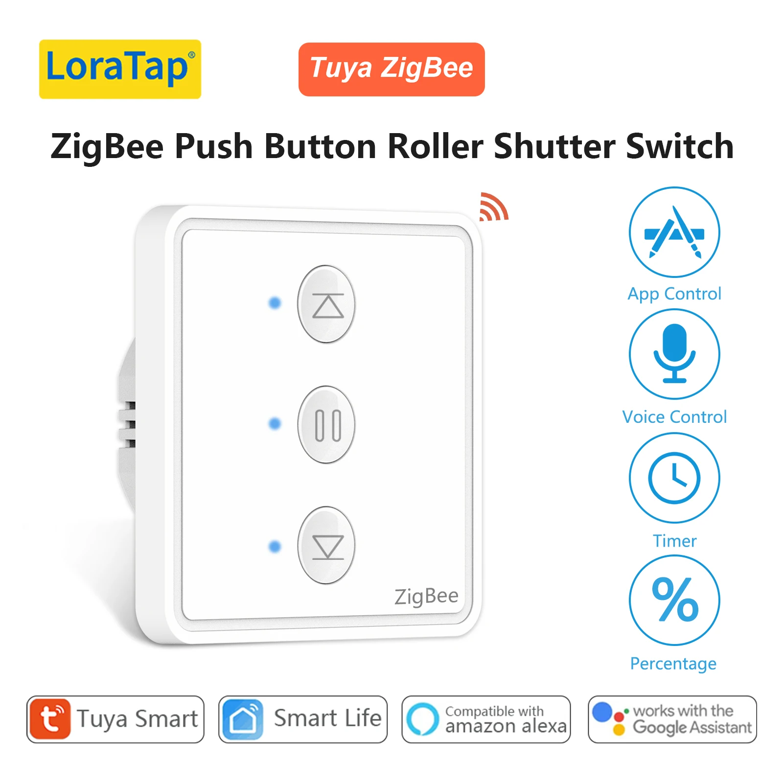 LoraTap Tuya Smart Life ZigBee rideau bouton-poussoir 80*80 pourcentage télécommande fonctionne avec Google Assistant Alexa