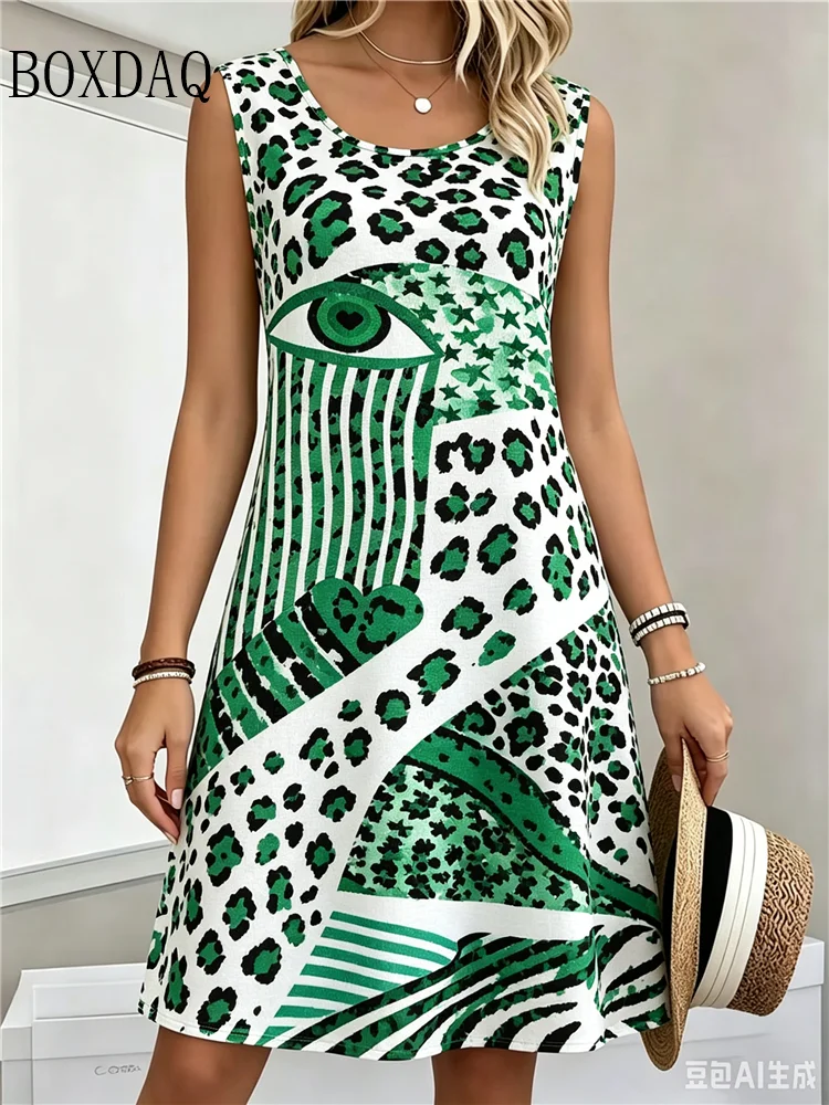 Geometric Abstract Leopard Pattern 3D Print Dresses For Women 2026 Summer Sleeveless Dress Casual Fashion Plus Size Loose Dress