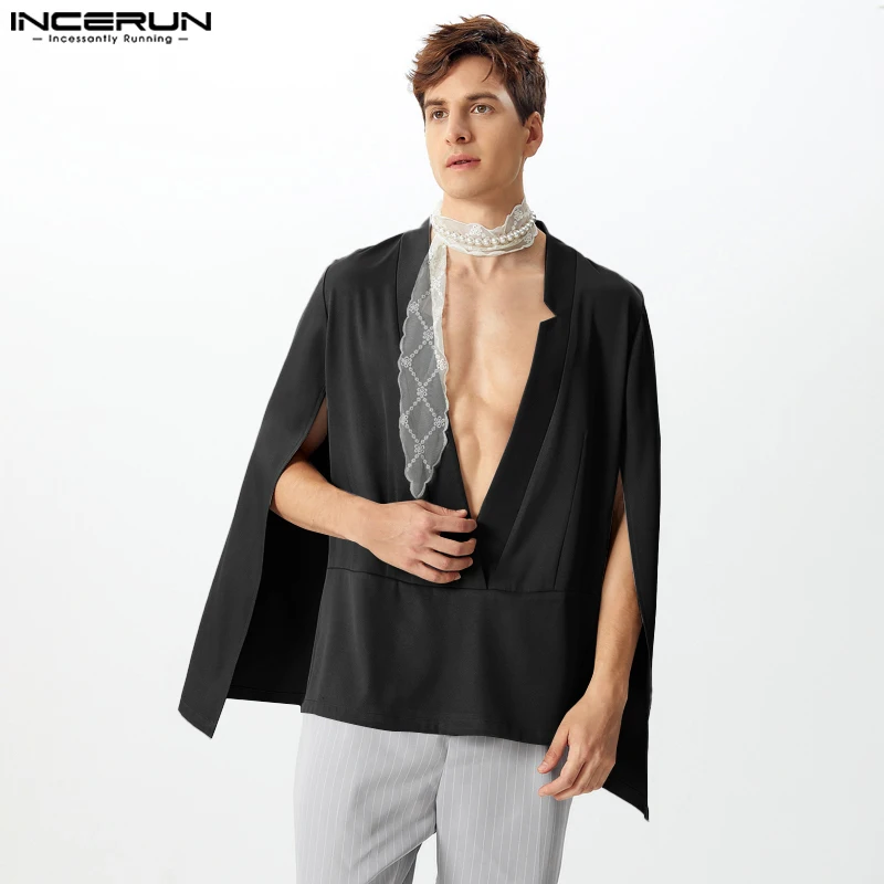 INCERUN New Men's Clothing Fashionable V-neck Shawl Trench Casual Sexy Male Solid Color Loose Long Sleeved Cape Coats S-5XL 2024