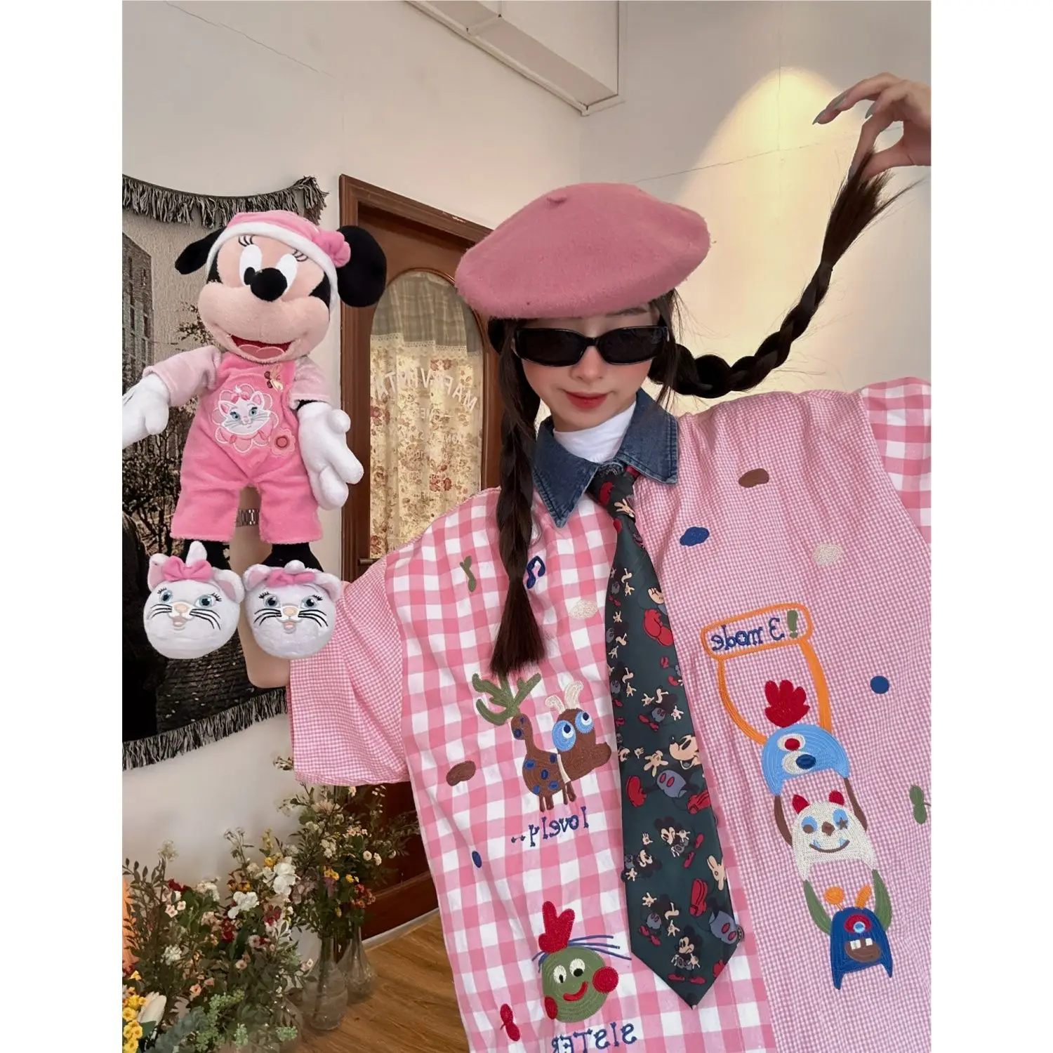 

American Vintage Plaid Denim Collar Shirt 2025 Summer Cartoon Embroidery Top Unisex Whimsigoth Aesthetic Casual Wear