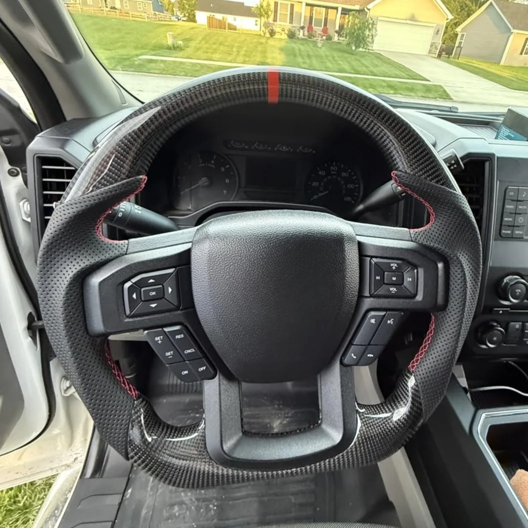 Heated Real Carbon Fiber Steering Wheel With Paddle Shifter Holes Red Top Stripe Fit For Ford F150 F-150 Raptor 2015-2020