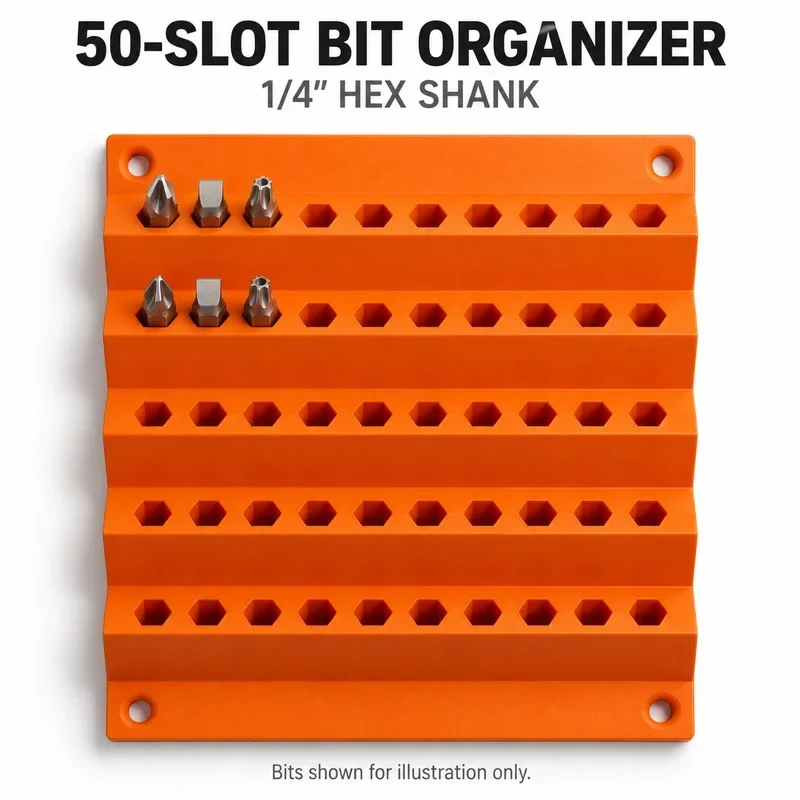 50-Slot Wall Mount Hex Bit Holder 1/4 Inch 6.35mm Drill Driver Bit Organizer Rack for Garage Workshop