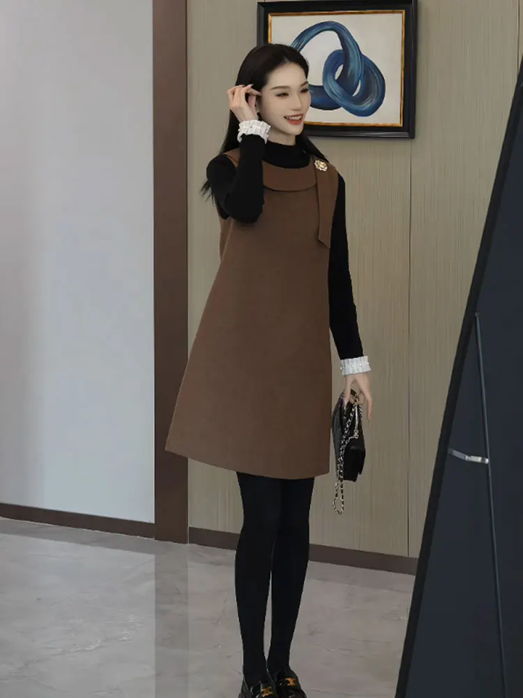 

Женский жилет с круглым вырезом и бисером больших размеров, свободная юбка миди для похудения, для повседневной носки, осень-зима, полиэстер