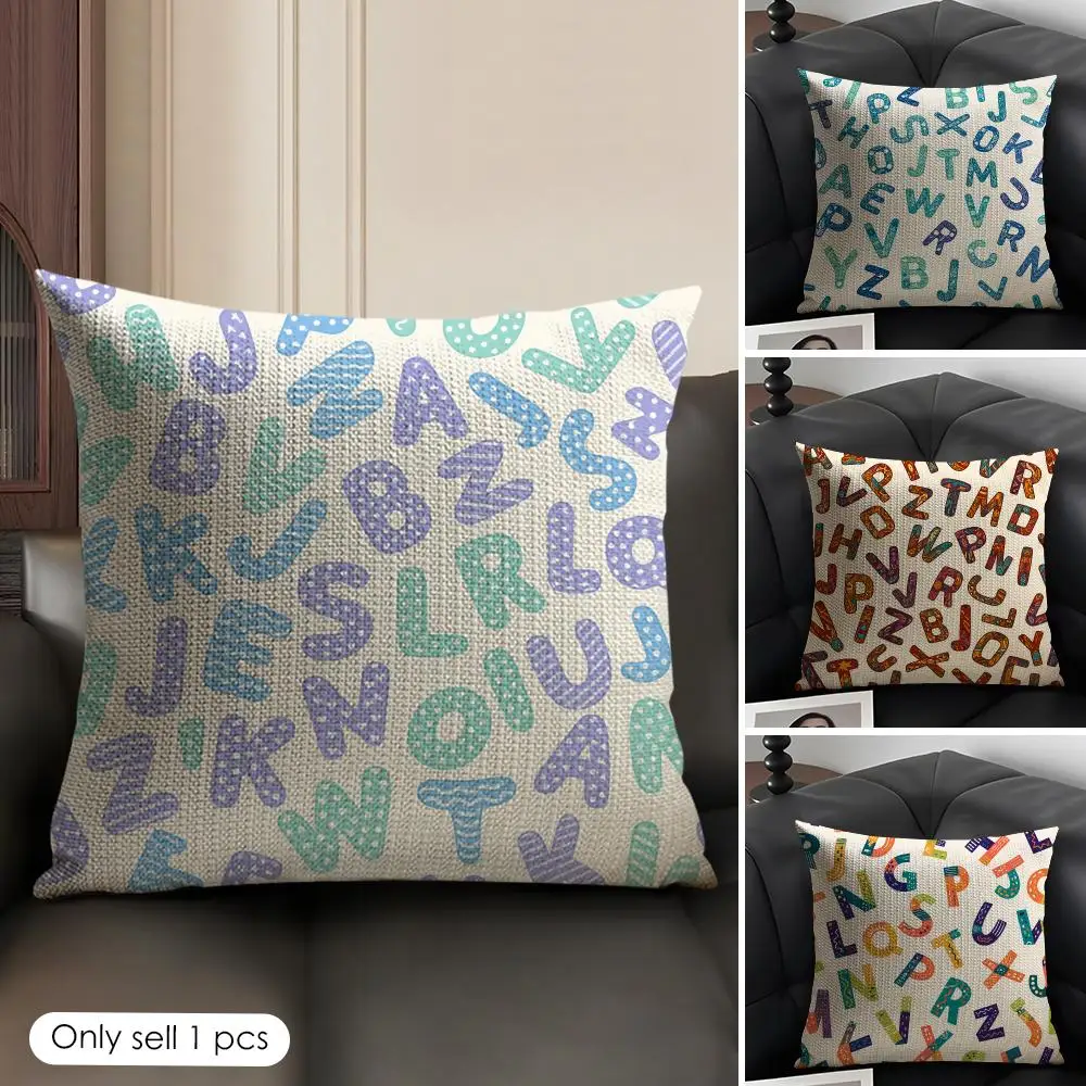 Colorful Decorative ABC Cushion Cover Linen Organic Fabric Double-Sided Printing Sofa Breathable Home Decor Gift Pillow Case
