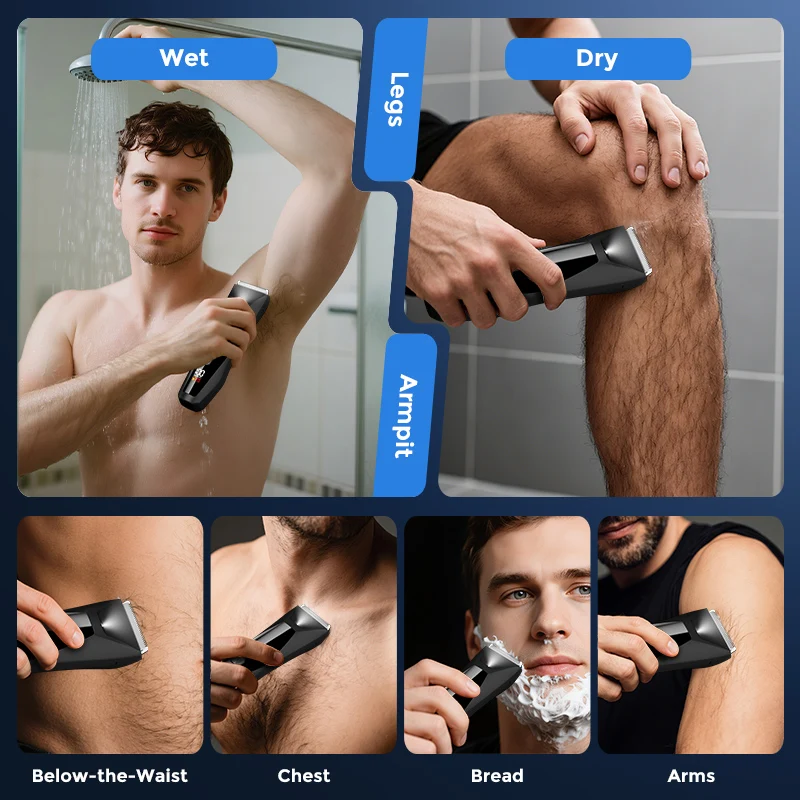 Sejoy Men Wet & Dry مع شاشة LCD قابلة لإعادة الشحن لقص الشعر وقاعدة شحن وتشذيب الشعر ومقص الشعر الحميم