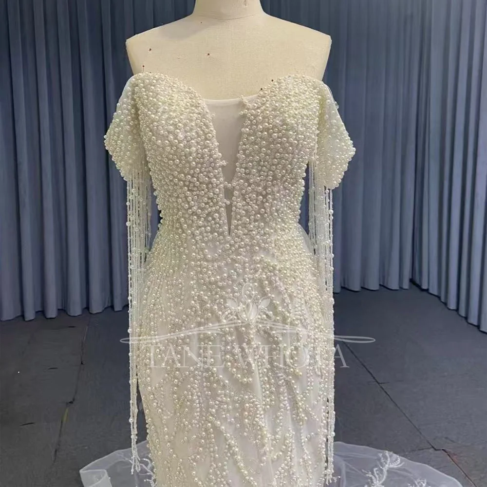 Sukienka Na Wesele Sweetheart Off Shoulder Lace Up Back Beading Tassel Bridal Dress Mermaid Train Customized Wedding Dress