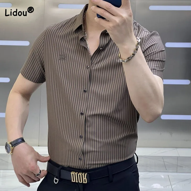 Fashionable Trend Men\'s Striped Shirt Summer New Male Clothes Casual Business All-match Short Sleeve Single-breasted Shirts