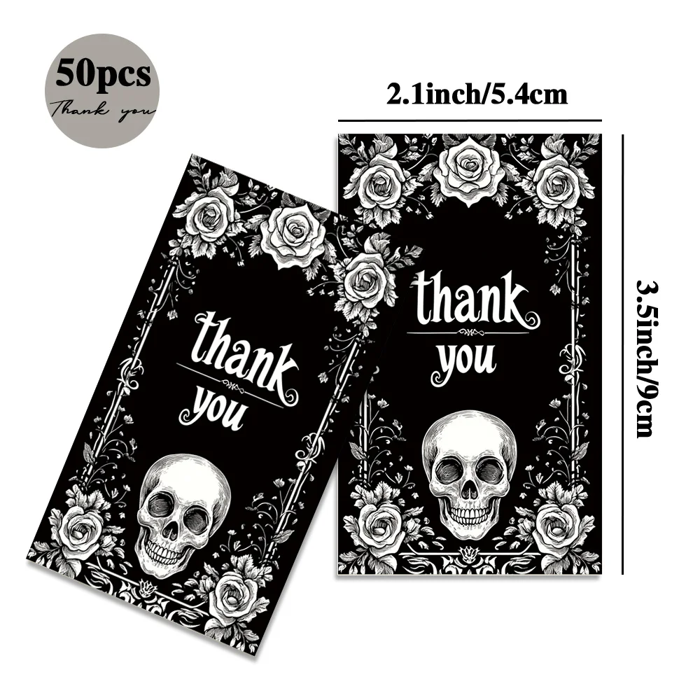 50PCS Black Skull Flower Thank You Cards, Expressing Gratitude, Anniversary and Bridal Party Gifts Thank You Cards