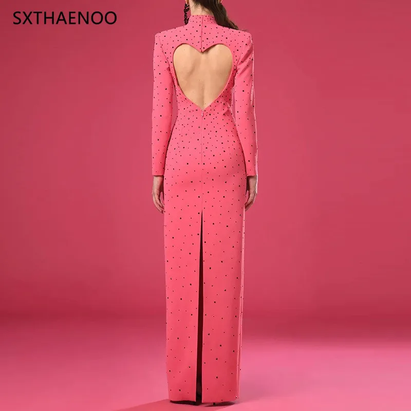 SXTHAENOO Heavy Industries Diamond Velvet vloerlengte jurk dames lange mouw elegante formele beroemdheid avondfeestjurken