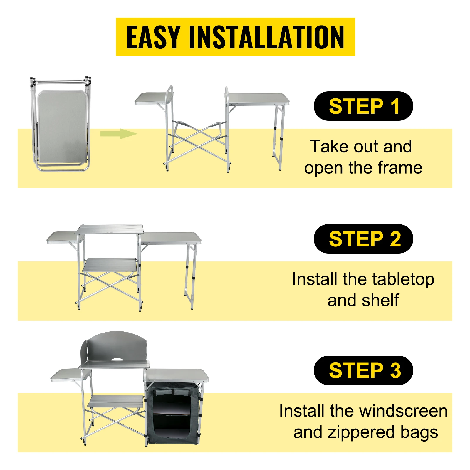 VEVOR กลางแจ้ง Camping โต๊ะในครัวแบบพกพาพับอลูมิเนียมปิกนิกตู้กระจกออแกไนเซอร์จัดเก็บปรับฟุต