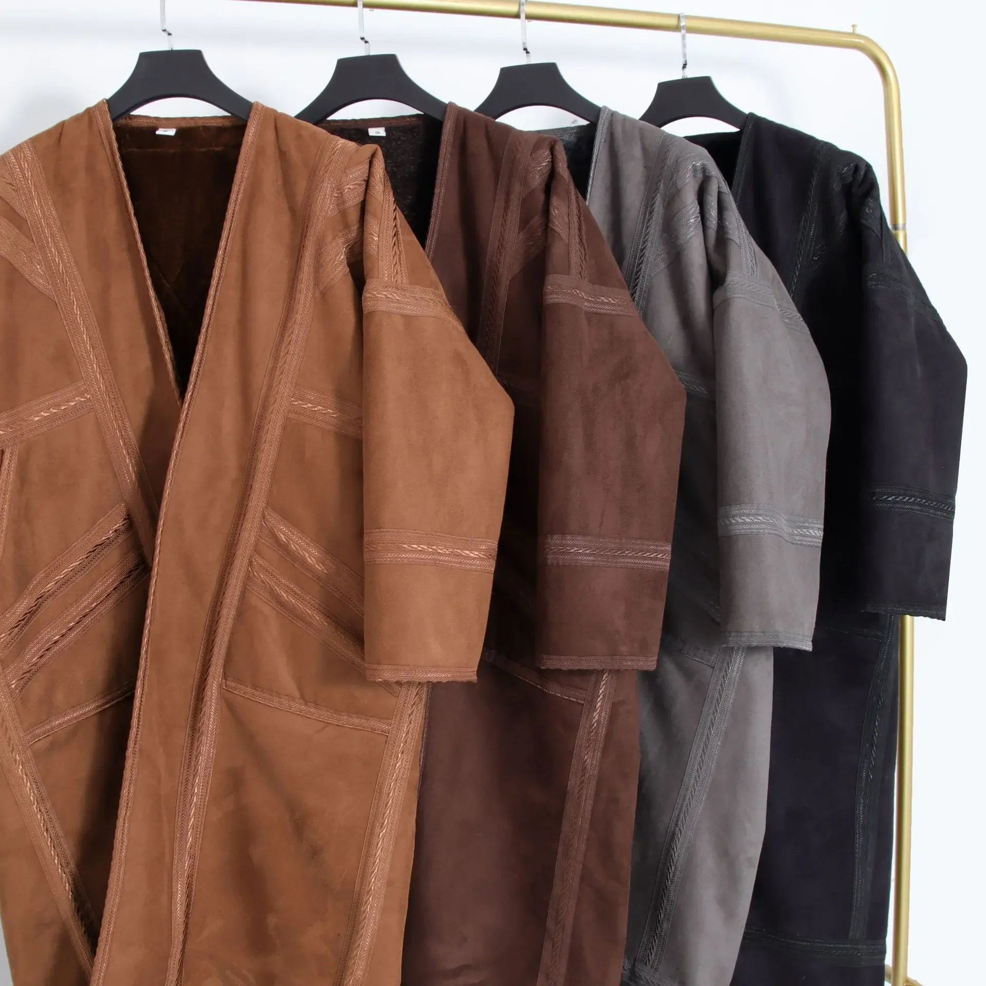Suede Men's Winter Robe Thickened Long Cardigan Warm Pockets Loose Casual Arabic Cardigan Muslim Jubba Thobe Abaya Bisht Coat