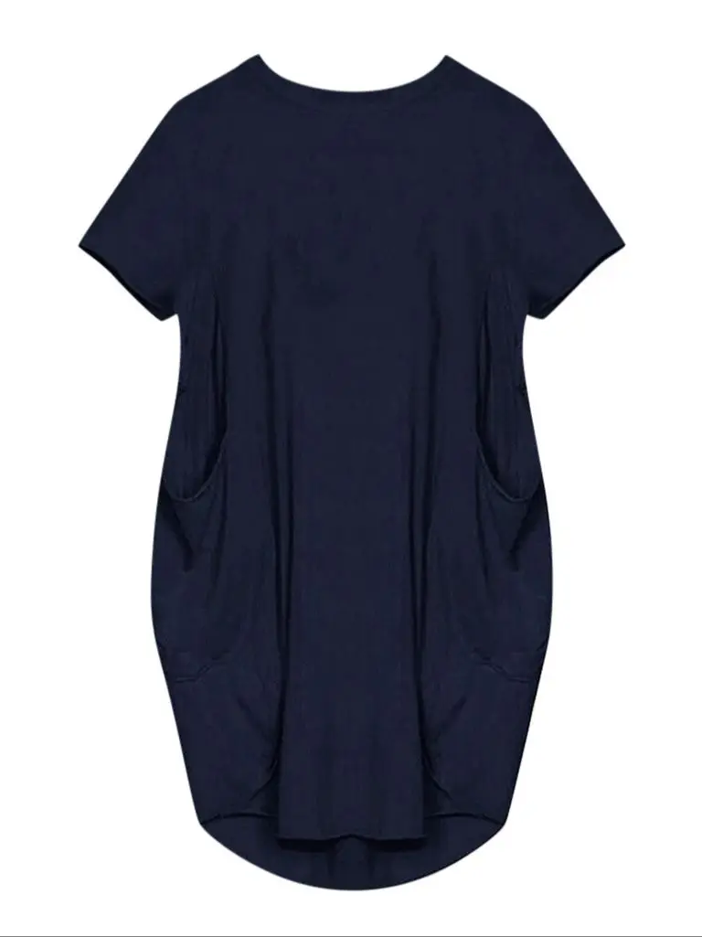 Plus Size Women Short Sleeve O-Neck Loose Casual Dresses Casual Short Sleeve Shirt Mini Dresses Round Neck Pockets Sexy Female T