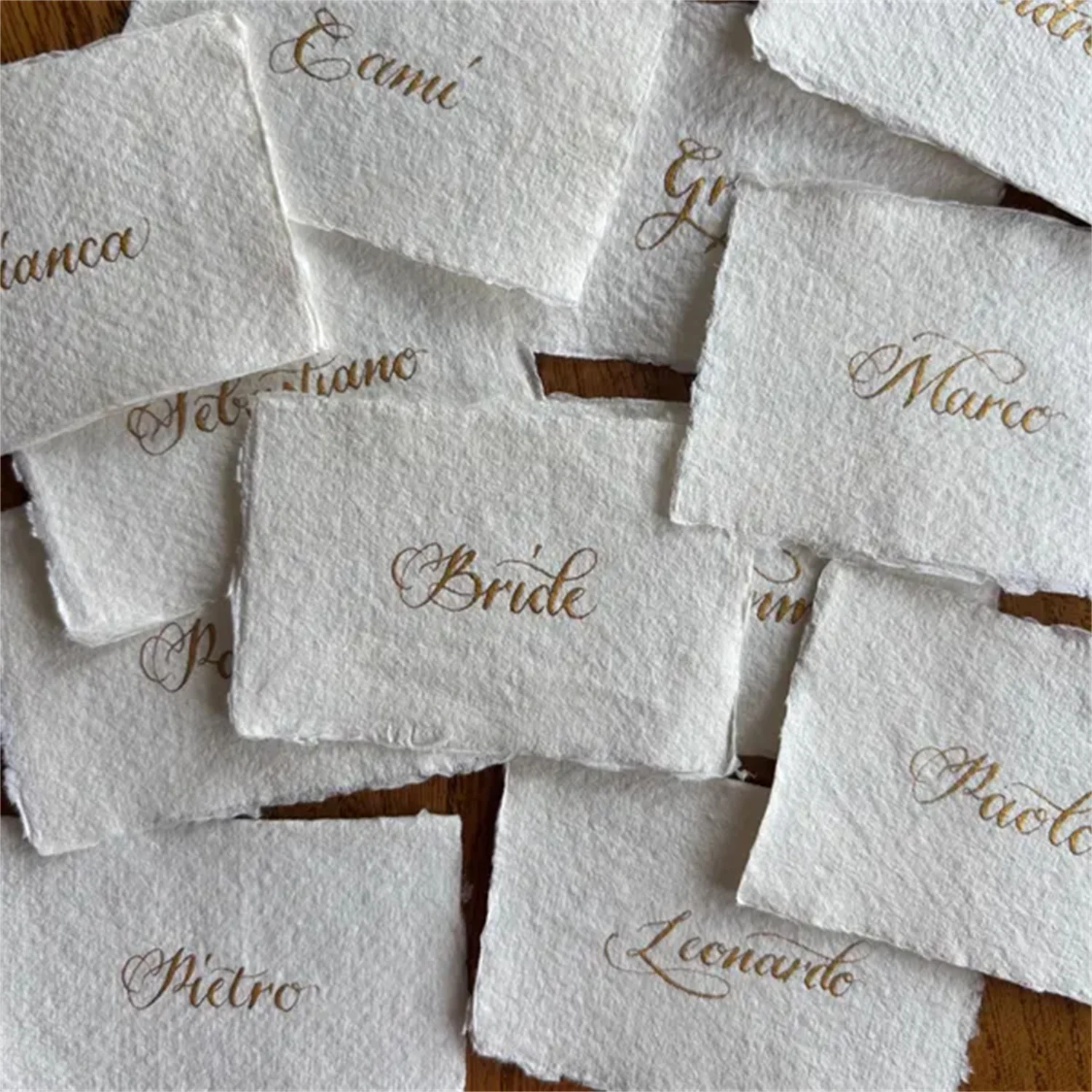 Place cards - COTTON range - hand calligraphy on handmade paper with deckled edges - Archaic script Genevieve
