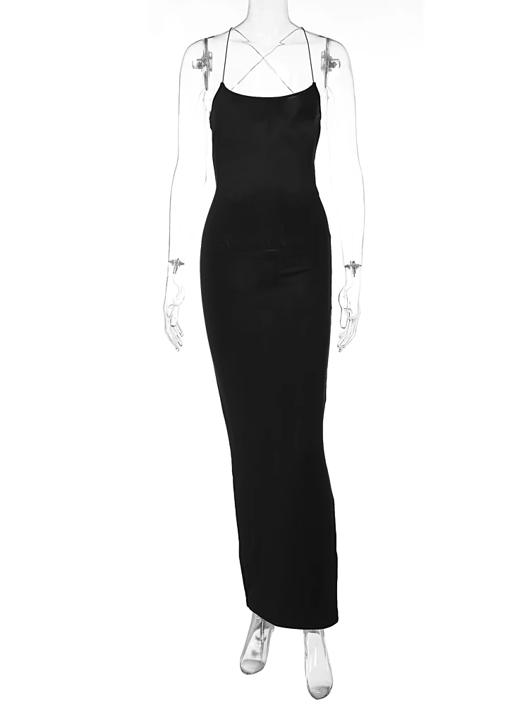 Hugcitar Fashion Solid Sleeveless Slip Backless Slit Sexy Bodycon Midi Prom Dress Summer Women Outfit Birthday Party Festival
