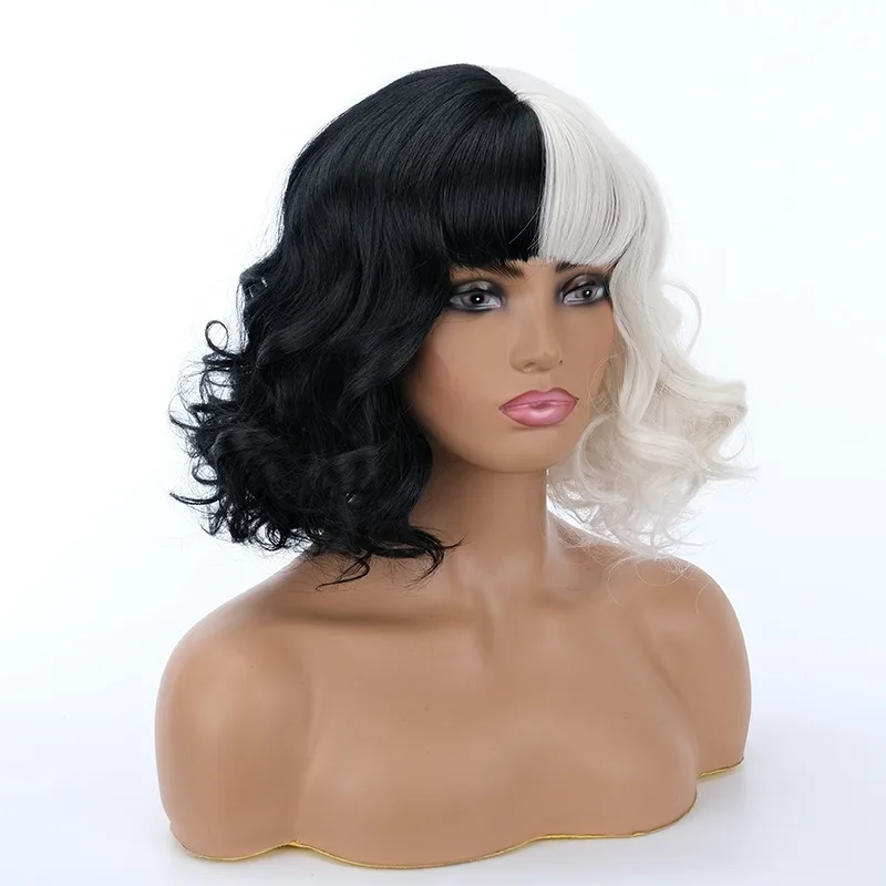Cruella De Vil Cos Pruik Feestmode Kledingaccessoires Zwart en Wit Tweekleurig Kort Krullend Haar Film Cruella Rolhoofddeksel