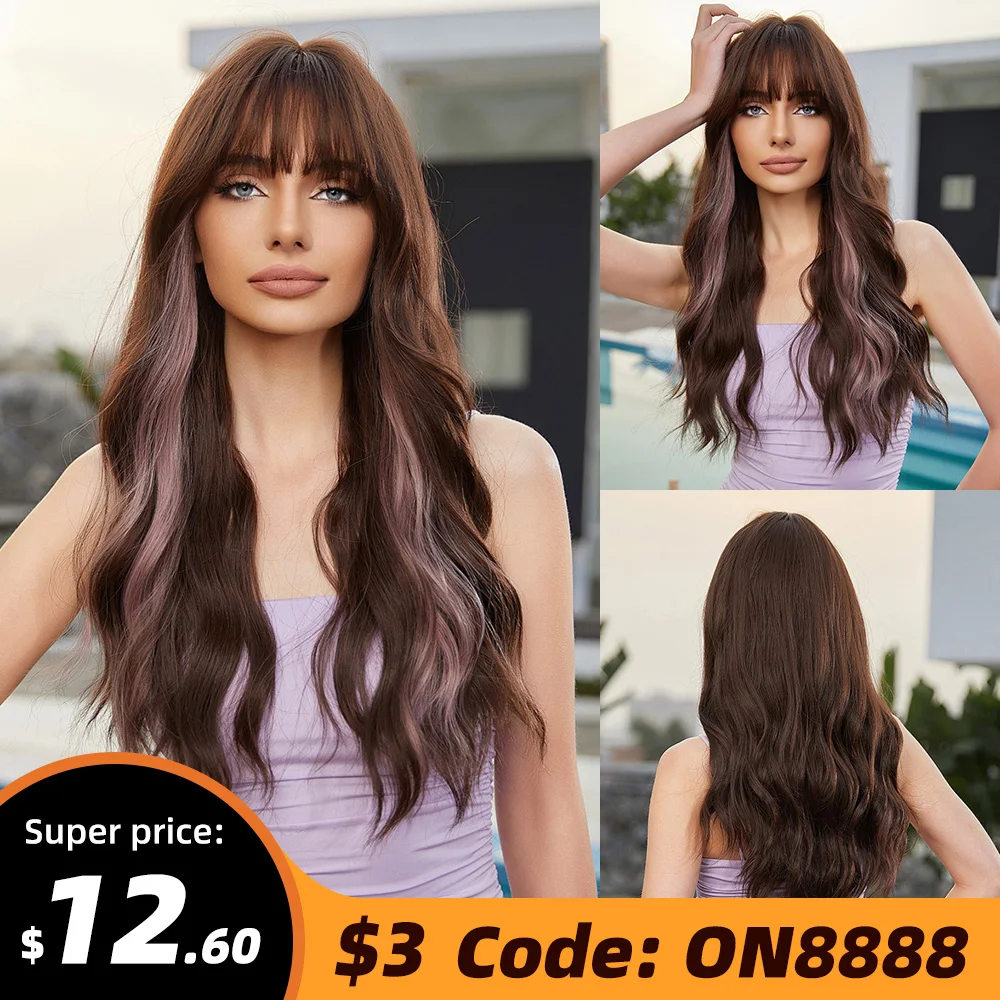 oneNonly Pink and Brown Wig Long Wave Synthetic Wigs with Bangs Women Wigs Party Halloween Cosplay Natural Heat Resistant Hair