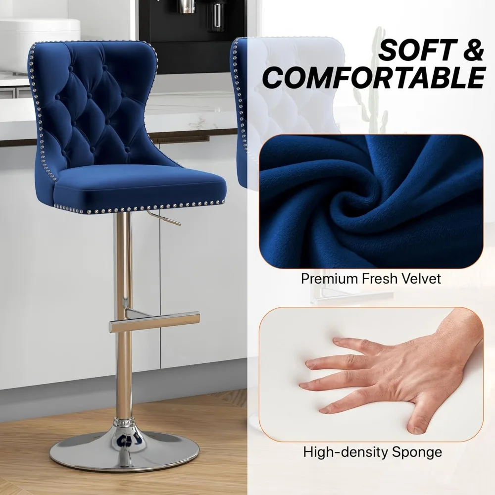 Barhocker-Set, 4er-Set, drehbare Thekenhocker aus Samt mit getufteter Rückenlehne, verstellbarer Sitz mit Nagelkopfbesatz
