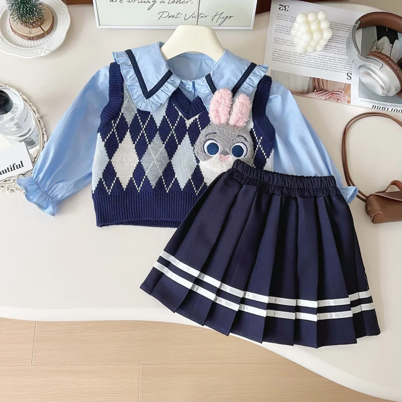 

Children's Outfit New Spring and Autumn Girls' Fashionable Bunny OfficerJKUniform Set Knitted Vest Dress Three-Piece Set