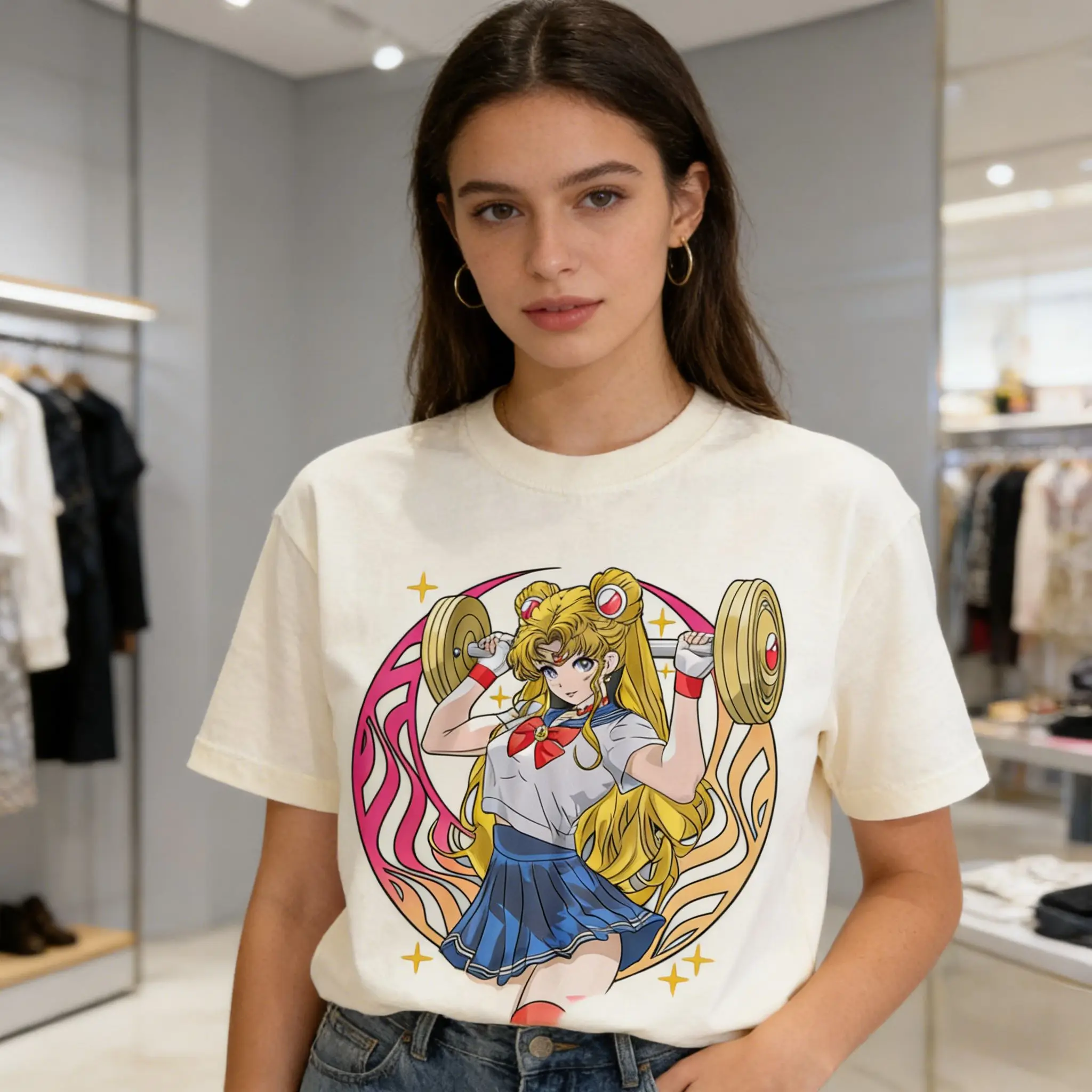 Camiseta de algodón de alta calidad de corte holgado 2026 de Sailor Moon, Usagi Tsukino con pelo dorado, lazo rojo y falda azul, levantando una mancuerna, estilo casual.