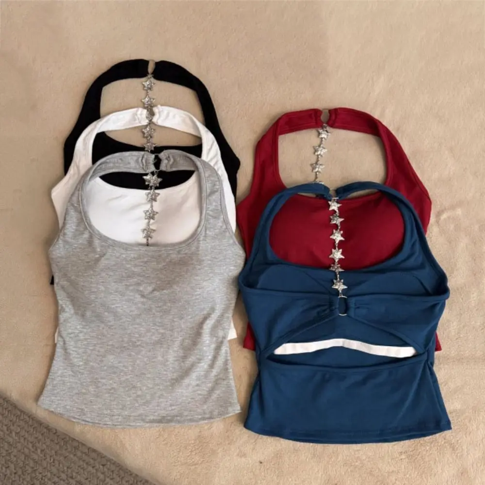 

Star Strap Back Hollow Crop Tops Short Solid Color Slim Y2k Crop Top With Chest Pads Backless Sleeveless Camisole Women Vacation