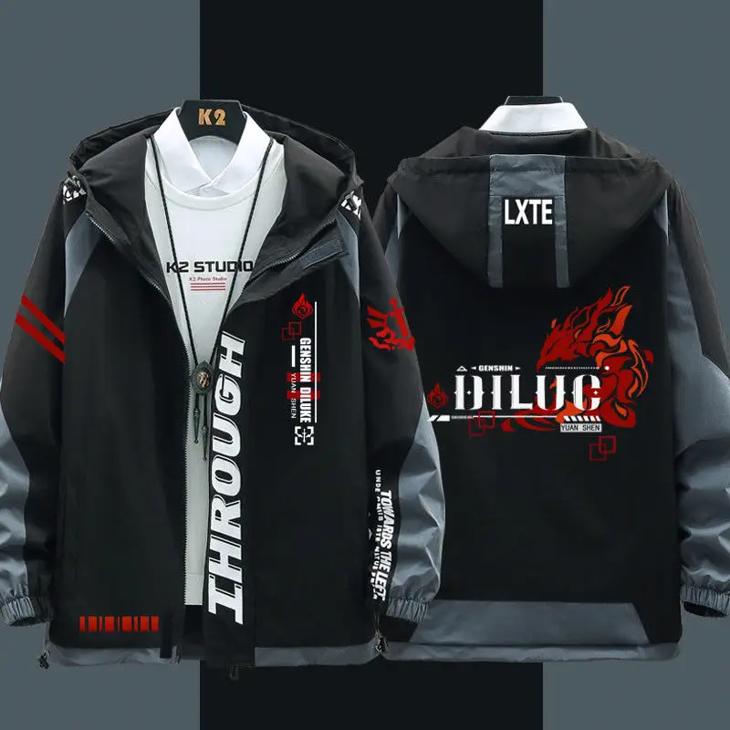 Anime Genshin Impact Diluc Cosplay Outerwear Hoodies Jackets Costume Spring and Autumn Casual Coat Clothing Gifts Boys Girls