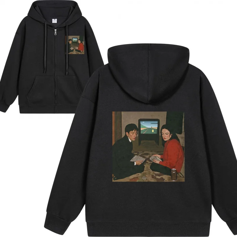 سترة بغطاء للرأس بسحاب للرجال يشاهدون التلفزيون على الأريكة 2025 نمط جديد غير رسمي للأزواج كاجوال وفضفاض #3