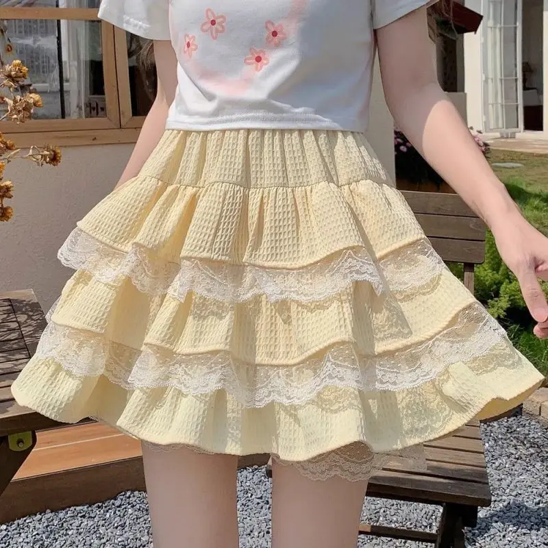 

Japanese Style Sweet 2024 Summer New Female Slim Aesthetic All-match High Waist Lace Lace Patchwork Ruffles Cupcake Short Skirts