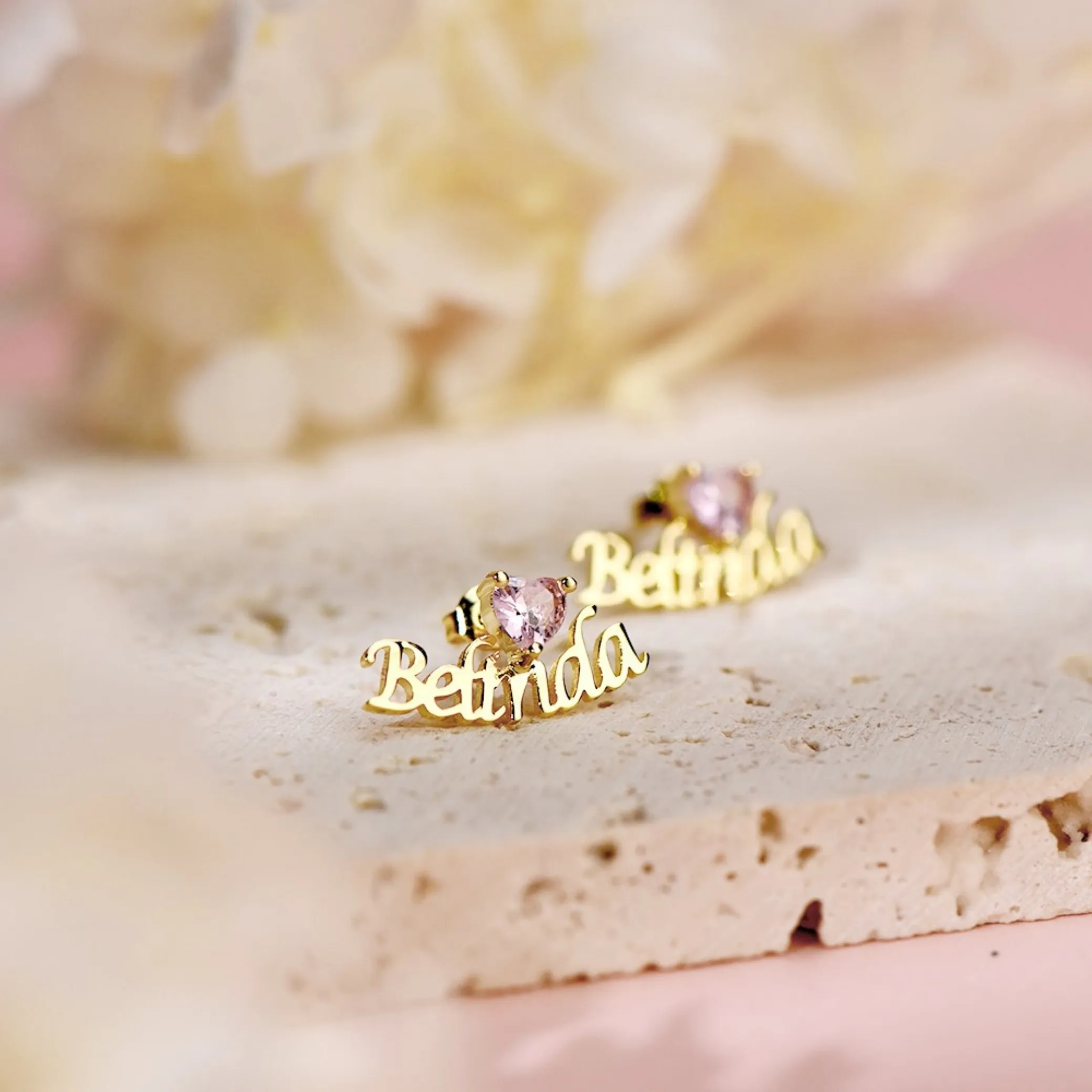 

Custom Name Birthstone Earrings Heart Cut Script Font 18K Gold Plated Asymmetric Dainty Stud Women Jewelry Gift for Girlfriend